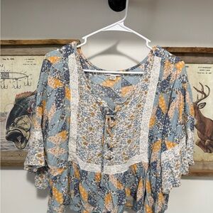 Boho American Eagle Outfitters Patchwork Lace Blouse - Blue, Orange, Cream